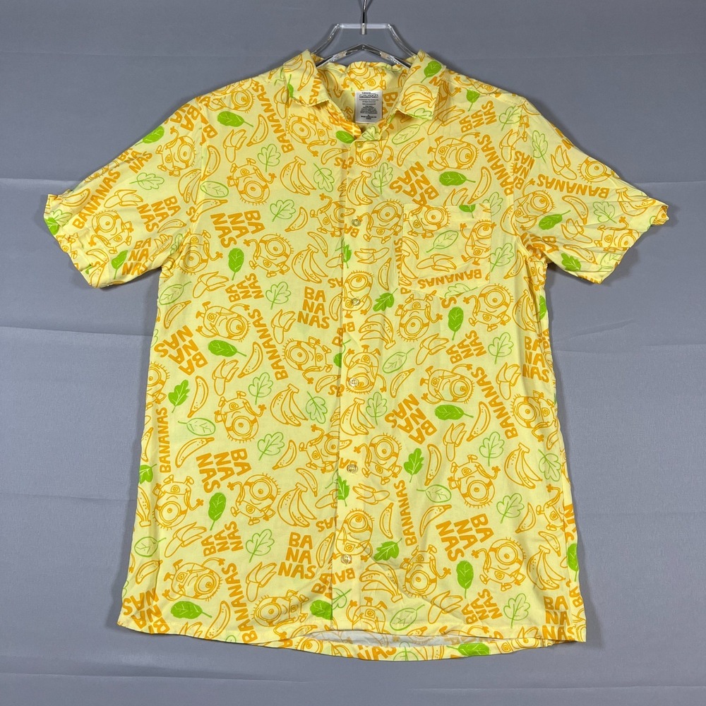 Minions Illumination Shirt Mens XL Yellow Spellout Rayon Short Sleeve Button Up
